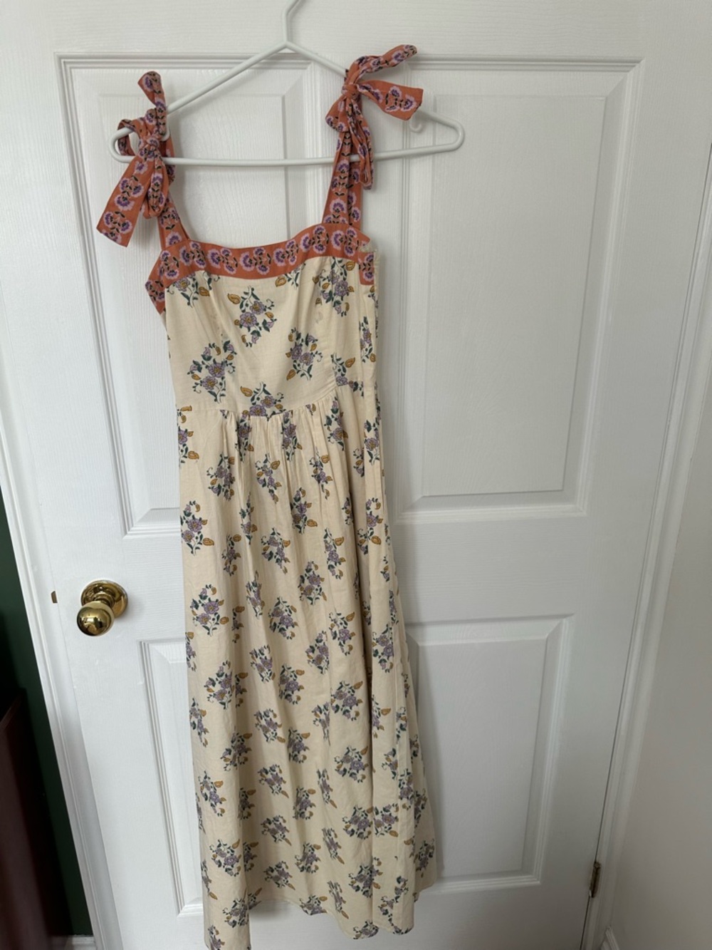 Patrons of Peace Cream Floral Tie-Shoulder Maxi Dress with Rust Trim